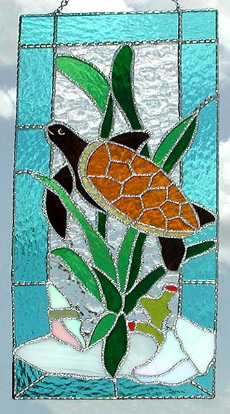 Handcrafted Sea Turtle Stained Glass Suncatcher Panel - 8" x 17"