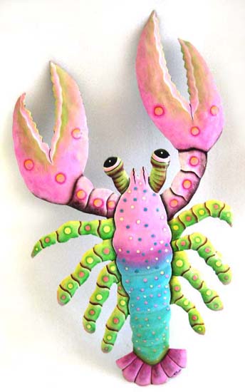 Pink & Aqua Lobster Wall Hanging in Hand Painted Metal - 14 1/2" x 22"
