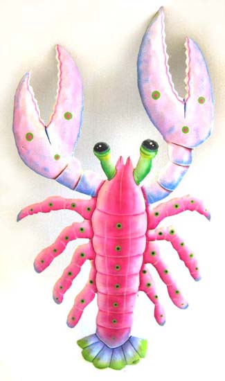 Pink Lobster Painted Metal Wall Hanging - Beach Decor, Nautical Decor, Tropical Decor - 14 1/2" x 22