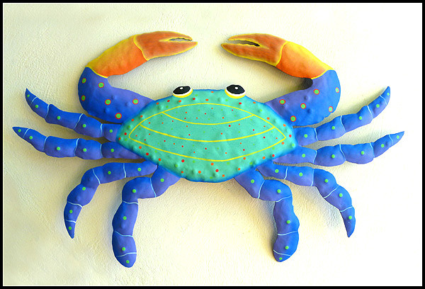 Crab Design - Hand Painted Metal Turquoise & Blue Handcrafted - 11" x 16"