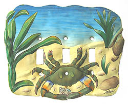 Switchplate Cover - Painted Metal Blue Crab Light Switch Cover - Triple - 8" x 7"