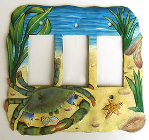 Painted Metal Switch Plate - Triple Rocker Switchplate - Blue Crab Design - 7 1/2" x 7"