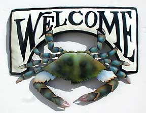 Painted Metal Blue Crab, Nautical Welcome Sign, Coastal Decor, 15" x 17"