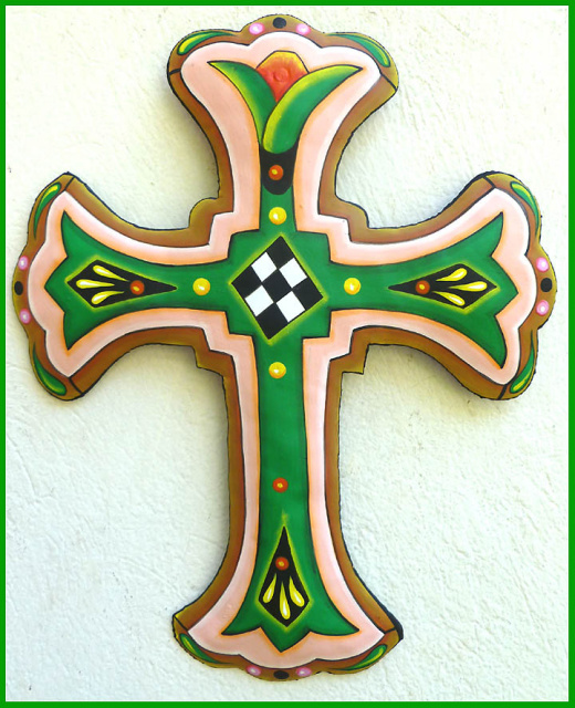 Cross Wall Art Decor, Painted Metal Christian Cross, Decorative Christian Gift - 9 1/2" x 12 1/2"