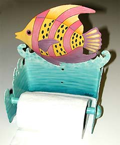 Hand Painted Metal Tropical Fish Toilet Paper Holder, Caribbean Art Work, Bathroom Decor - 8"