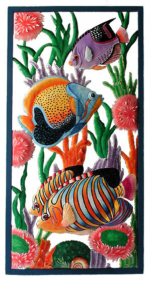 Tropical Fish Wall Panel - Painted Metal Wall Art - Framed in Wrought Iron - 17" x 35"