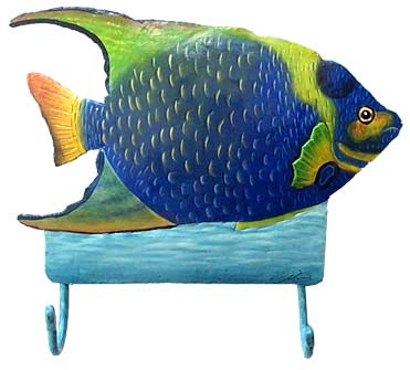Painted Metal Tropical Fish Wall Hook - Blue Angelfish - Beach Decor - 8 x  9.5