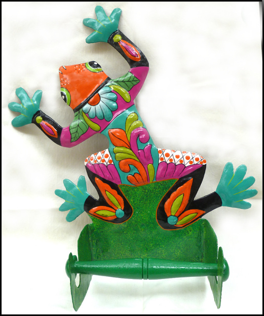 Painted Metal Frog Toilet Paper Holder - Bathroom Accessory - 10" x 14"