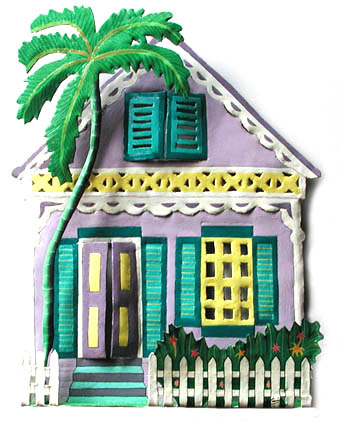 Tropical House Wall Decor, Painted Metal Gingerbread House, Haitian Metal Art, 12" x 14"