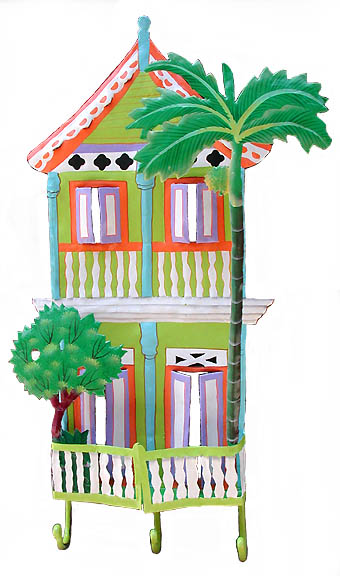Hand Painted Metal Caribbean House w/ Hooks - Tropical Home Decor - 11" x 20"
