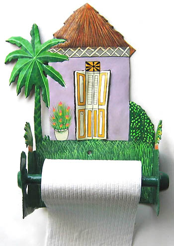 Painted Metal Caribbean House Toilet Paper Holder - Tropical Bathroom Decor - 7"x10"x 5"
