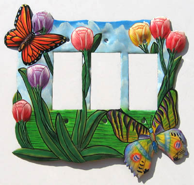 Switchplate Cover - Decorative Butterfly & Flowers Painted Metal - Rocker Style