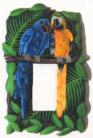 Painted Metal Tropical Parrots Decorative Single Switchplate Cover
