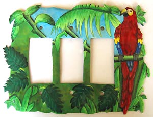Painted Parrot Triple Switchplate Cover - Tropical Design Light Switch Plate