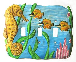 Painted Metal Seahorse Triple Switchplate Cover -Tropical Home Decor