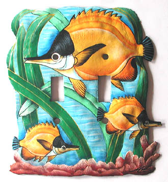 Light Switch Plate - Double - Hand Painted Metal Tropical Fish Switchplate Design