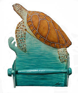 Hand Painted Metal Sea Turtle Toilet Paper Holder - Bathroom Accessory - 8" x 10"