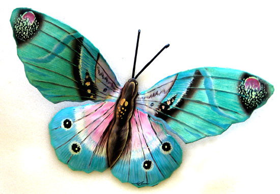Hand Painted Metal Aqua Butterfly Wall Decor - Tropical Garden Art - 13"