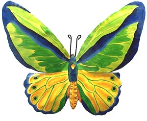Tropical Green Butterfly Wall Hanging - Hand Painted Metal - 12" x 16"