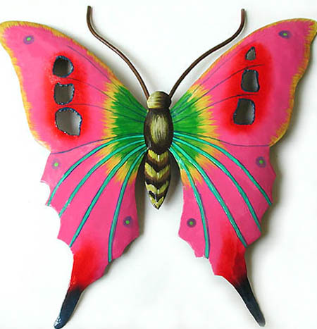 Pink Butterfly in Caribbean Colors - Hand Painted Metal Wall Art - Hand painted metal butterfly wall hanging - Tropical Decor - Garden and patio wall art - Handcrafted in Haiti from recycled steel drums