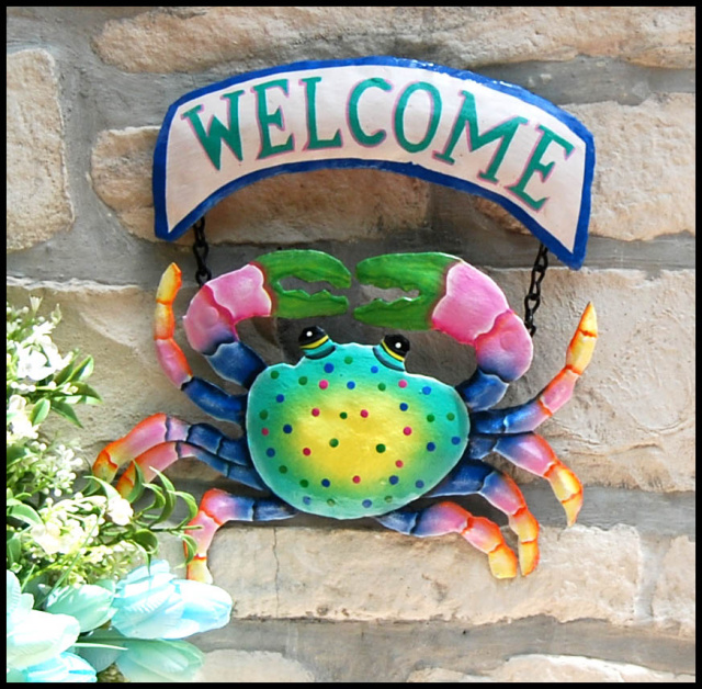 Hand painted metal crab welcome sign. Coastal décor, Created from recycled steel drums in Haiti.