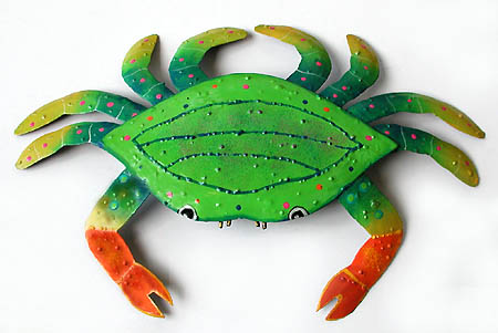 Handpainted Green Tropical Crab Design - Haitian Metal Art -Hand painted metal crab nautical design - Tropical metal art wall hanging. Handcrafted in Haiti from recycled steel drums. 