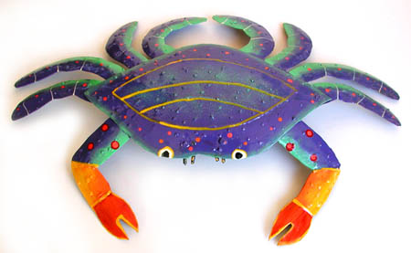 Handcrafted Metal Blue Crab Wall Hanging -Hand painted metal crab nautical design - Tropical metal art wall hanging. Handcrafted in Haiti from recycled steel drums. Caribbean wall decor.