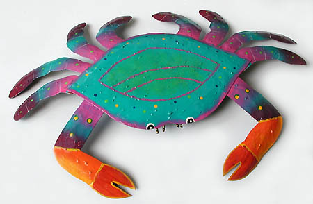 Crab Wall Hanging in Turquoise & Purple - Hand painted metal crab design - Tropical metal art wall hanging. Handcrafted in Haiti from recycled steel drums. 