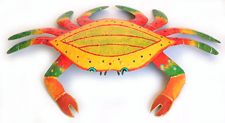 Yellow Crab Tropical Wall Decor -Hand painted metal crab nautical design - Tropical metal art wall hanging. Handcrafted in Haiti from recycled steel drums. Caribbean wall decor.