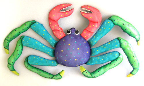 Painted Metal Crab Wall Hanging - Hand painted tropical art wall hanging. Handcrafted in Haiti from recycled steel drums. 