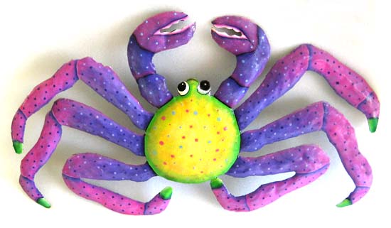 Pastel Painted Metal Crab Wall Decor -Hand painted tropical art wall hanging. Handcrafted in Haiti from recycled steel drums. 