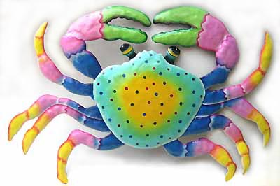 Aqua Crab Design in Hand Painted Metal Art -Hand painted tropical art wall hanging. Handcrafted in Haiti from recycled steel drums. 