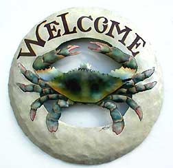 Round Blue Crab Welcome Sign - Nautical Decor - Hand painted metal tropical art wall hanging. Handcrafted in Haiti from recycled steel drums. 