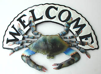 Nautical Blue Crab Welcome Sign - Hand painted metal tropical art wall hanging. Handcrafted in Haiti from recycled steel drums. 