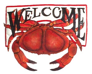 Hand Painted Metal Red Crab Welcome Sign - Hand painted metal tropical art wall hanging. Handcrafted in Haiti from recycled steel drums. 