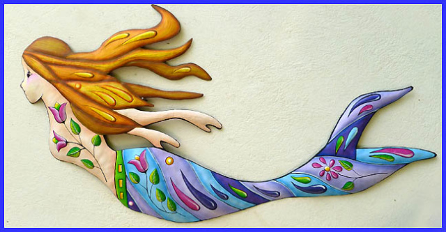 Painted Metal Mermaid Wall Hanging, Beach Decor, Haitian Steel Drum Metal Art Wall Decor - 24"