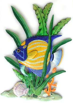 Metal Tropical Fish, Hand Painted Blue Ringed Angelfish Wall Decor, Haitian Metal Art, 24" x 34"