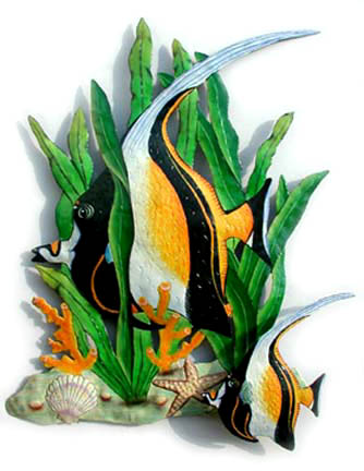 Moorish Idol Tropical Fish Wall Decor - Hand painted tropical fish metal wall hanging Tropical art design. Handcrafted from recycled steel drums in Haiti. Caribbean wall decor.