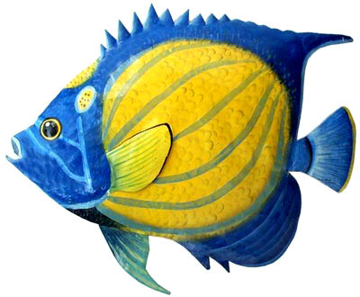 Blue & Yellow Fish Wall Hanging - Tropical Metal Wall Art  - Hand painted tropical fish metal wall hanging Tropical art design. Handcrafted from recycled steel drums in Haiti. Caribbean wall decor.