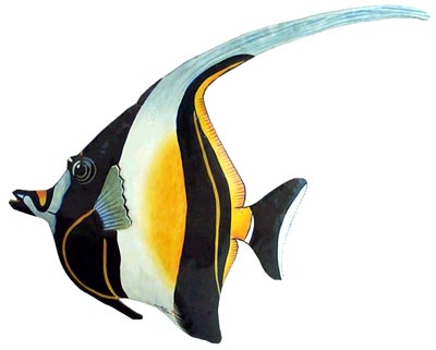 Moorish Idol Tropical Fish - Hand painted tropical fish metal wall hanging Tropical art design. Handcrafted from recycled steel drums in Haiti. Caribbean wall decor.