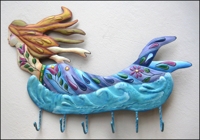 Painted metal mermaid wall hook. tropical decor, garden art