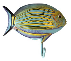 Painted metal tropical fish wall hook. Bathroom decor. Handcut from recycled Haitian steel drums.