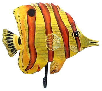 Painted metal tropical fish wall hook. Bathroom decor. Handcut from recycled Haitian steel drums.