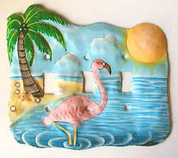 Painted Metal Pink Flamingo, Triple Switchplate Cover, Light Switch Cover 