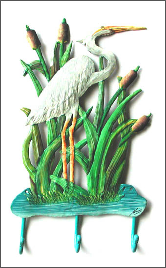 White Egret Wall Hook - Painted Metal Wall Hanging - Tropical Decor - 8" x 15"