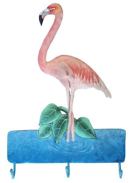 Pink Flamingo Wall Hook. Hand Painted Metal Towel Hook - Tropical Decor - 12" x 19"