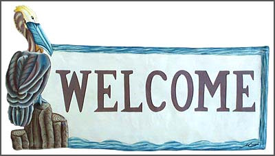 Painted metal welcome sign -  tropical design - Haitian steel drum metal art - pelican welcome sign