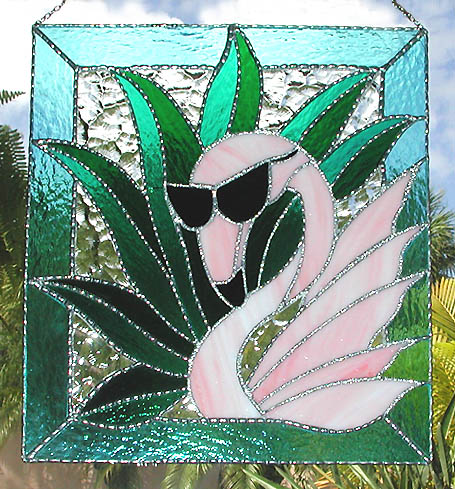 Pink Flamingo Glass Art Panel - Tropical design stained glass suncatcher.