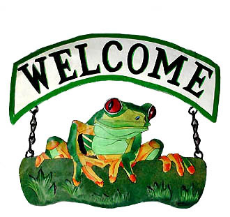 Painted metal frog welcome sign