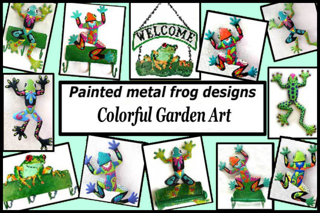 painted metal frogs - garden art